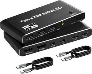 USB C KVM Switch 8K @60Hz 4K @120Hz, 2 Port Type C KVM Switch for 2 Computers Share 1 Monitor [HDMI + DisplayPort Output], USB C KCM with 3 USB 2.0 Ports & 100W Power Delivery, 2 USB-C Cables Included