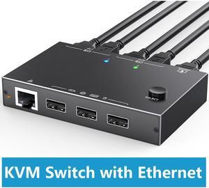 2 Port HDMI KVM Switch with Ethernet, HDMI KVM Switch 2 in 1 Out 4K@60Hz, HDMI KVM Switches for 2 Computers Share 1 Monitor and 3 USB Devices Keyboard Mouse, Ethernet Network KVM Switcher