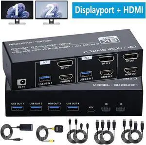 8K HDMI + Displayport Dual Monitor KVM Switch 2 in 2 Out for 2 Monitors 2 Computers, 2 Port HDMI2.1 + DP1.4 KVM Switcher PC Extended Display for 2 PCs Share 4 USB 3.0 Devices Support 4K@120hz 8K@60hz