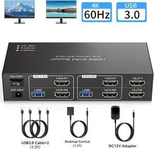 Dual Monitor HDMI KVM Switch, 2 Port HDMI KVM Switch Support 4K@60Hz USB 3.0 KVM Switches for 2 Computers Share 2 Monitors and 4 USB 3.0 Ports Such as Keyboards, Mice Printers and U Disk