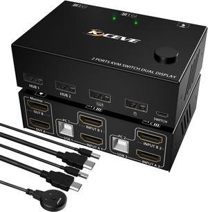 2 Port 4K@30Hz Dual Monitor HDMI KVM Switch, HDMI USB Switch for 2 Computers Share 2 Monitors and 4 USB 2.0 Hubs, 2 In 2 Out Dual Monitor KVM Switcher, Desktop Controller and HDMI USB Cable Included