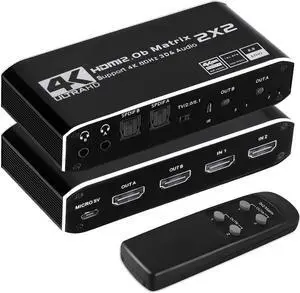 HDMI Matrix 2x2, 4K@60Hz HDMI Matrix Switch 2 in 2 Out with IR Remote Control, Support HDMI 2.0b, HDCP2.2, HDR10, Ultra HD, 3D