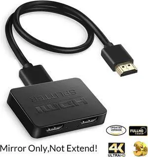 HDMI Splitter 1 in 2 Out, 4K HDMI Splitter for Dual Monitors Duplicate/Mirror Only, 1x2 HDMI Splitter 1 to 2 Amplifier for Full HD 1080P 3D with HDMI Cable (1 Source onto 2 Displays)