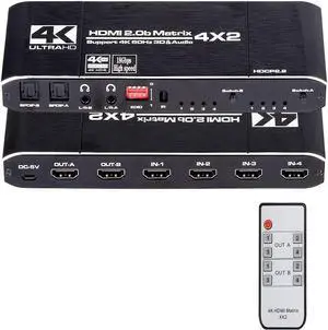 HDMI Matrix Switch 4x2, 4K HDMI Matrix Switcher Splitter 4 in 2 Out Box with EDID Extractor and IR Remote Control Support 4K HDR, HDMI 2.0b, HDCP 2.2, 4K@60Hz, 3D, 1080P