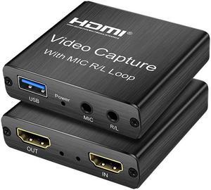 4K Video Capture Card with HDMI Loop 3.5mm R/L Stereo/MIC Output HD 1080P Broadcast Live, Game Capture Cards HDMI to USB , Record via DSLR, Camcorder, Camera, PS4, Xbox one, Wii U, Nintendo Switch