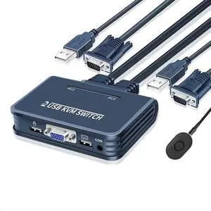 2 Port USB VGA KVM Switch,2 in 1 Out Dual Port VGA Monitor Selector Switcher Box for 2 PC Sharing 1 Video Monitor,USB Keyboard,USB Mouse