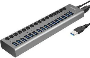USB 3.0 Hub Super Speed Splitter,16 Ports USB Data Hub with Power Adapter,Individual On/Off Switches and Lights for Laptop, PC, Computer, Mobile HDD, Flash Dr Each Port can Charge Grey