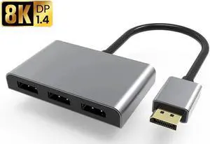 8K Displayport to 3 Displayport Splitter Multi Monitor Sharing 3 Ports DP Splitter Aluminum Alloy Audio Video Converter MST Hub for Computer Display Projector