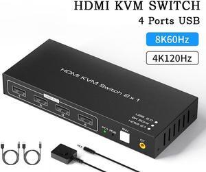 KVM Switch HDMI 2 Port Box USB Switch selector with 4 USB 2.0 Hub 2 In 1 Out HDMI USB Switch Adapter Switcher 4Kx2K@60Hz Sharing USB Device,Printer,Scanner,Keyboard,Mouse,Wire Control /Body Controller