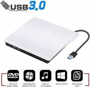 External CD/DVD Drive, USB 3.0 Portable DVD CD+/-RW Drive Slim DVD/CD ROM Rewriter Burner Writer, High Speed Data Transfer Pro Laptop/Desktop Windows/Vista/7/8/10, Mac OSX and Linux (White) eokCXOY