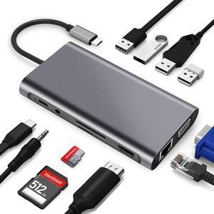 USB C Hub, Type C Hub, 11-in-1 Adapter with Ethernet, 4K USB C to HDMI, VGA, 2 USB3.0 2 USB2.0, Micro SD/TF Card Reader, Mic/Audio, USB-C Pd 3.0, Compatible for Mac Pro and Other Type C Laptops