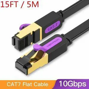 Cat7 Ethernet Cable, Vention Flat High Speed 10 Gigabit LAN Network Patch Cable with Clips, Faster Than Cat6 Cat5e, Shielded RJ45 Connectors for Xbox One, Switch, Router, Modem, Printer- Black/15ft