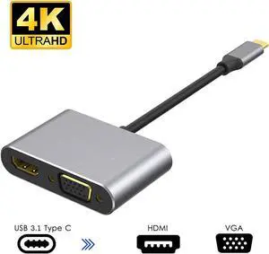 USB C to HDMI VGA Adapter, USB Type-C Hub with 4K HDMI, 1080P VGA, Compatible with MacBook Pro, Chromebook and More USB Type-C Devices