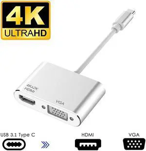 USB C to 4K HDMI VGA Adapter , 2-in-1 Type C Hub with 4Kx2K HDMI, 1080P VGA Compatible for Nintendo Switch/MacBook Pro/iPad Pro/ Samsung Galaxy/Dell XPS-Silver