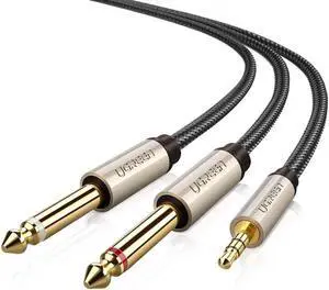 24K 15U Gold Plated 3.5mm 1/8" Male TRS to Dual 6.35mm 1/4" Male TS Mono Y-Cable Splitter Cord for iPhone, iPod, Laptop,Power Amplifier,Microphone and Guitar - Black, 15FT