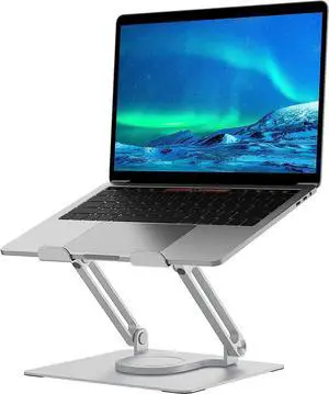 Aluminum Laptop Stand with 360 Rotating Base- Height Adjustable Laptop Stand for Desk - Ventilated & Ergonomic Laptop Holder - Universal Compatibility for up to 17 inches Notebook Laptops Holder