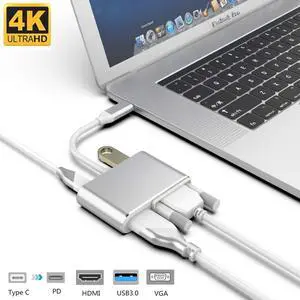 USB C to 4K HDMI/VGA/USB3.0/PD port Multiport Adapter - Thunderbolt 3 Compatible - 4 in 1 USB-C HUB Compatible with MacBook/Pro/Air,iPad Pro,Tablets and More Type C Laptops -Silver