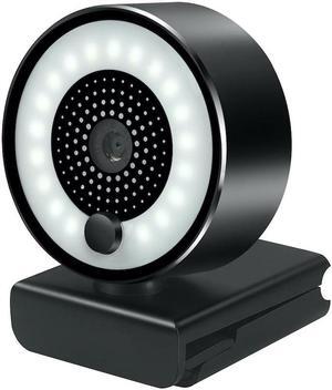 Webcam for PC, 2K HD Web Camera with Microphone and Ring Light, Wide Angle Web Cameras for Skype, Streaming, Teleconference, Video Chat, with Cover and Stand