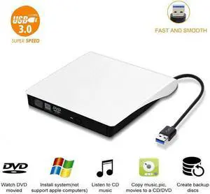 External CD DVD Drive, USB3.0 Superdrive for PC Laptop Compact CD DVD+/- RW Burner Writer Optical Drive Support Win XP/7/8/10/2003/Vista/Linux/Mac 10 OS (White)