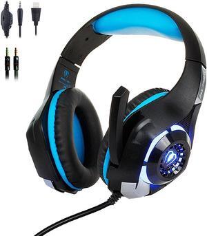 Gaming Headset with Mic for Xbox One PS4, Xbox One Headset, PS4 Headset, Over-Ear Gaming Headphones with Volume Control LED Light 3.5mm Audio Jack for Laptop PC iPad Smartphones, Black+Blue