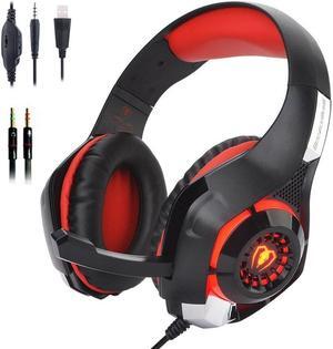 Gaming Headset with Mic for Xbox One PS4, Xbox One Headset, PS4 Headset, Over-Ear Gaming Headphones with Volume Control LED Light 3.5mm Audio Jack for Laptop PC iPad Smartphones, Black+Red
