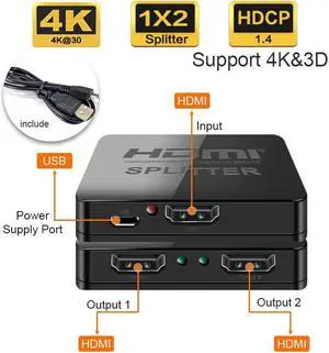 HDMI Splitter 1 in 2 Out, (One Input To Two Outputs) HDMI 1.4 Splitter, Supports 4Kx2K,HDCP 1.2 & 3D 1080P Compatible for Xbox PS4 Blu-Ray HDTV (Black)