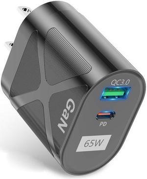 Dual Port USB C Charger 65W PD 3.0 USB C Wall Charger Portable Adapter with iPhone Charger USB C Block Plug Compatible with iPhone 13/13 Pro/12/12 Pro Max/MacBook/iPad Pro/Galaxy - Black