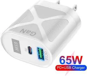 Dual Port USB C Charger, 65W GaN, iPad Charger, Fast Compact for MacBook Pro/Air, iPad Pro, Galaxy S23, Dell XPS 13, Note 20/10+, iPhone 14/Pro, Steam Deck, and More- White