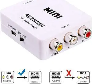 3RCA Composite CVBS AV to HDMI Video Audio Converter Adapter Mini Box Support 1080P PAL/NTSC with USB Power Cable for TV/PC/PS3/Blue-Ray DVD, White