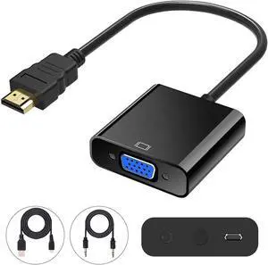 HDMI to VGA Converter, Gold-Plated HDMI to VGA Adapter (Male to Female) with 3.5mm Audio Port & Micro USB Charging Port for Computer, Desktop, Laptop, PC, Monitor, Projector, HDTV - Black
