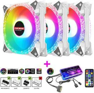 120mm RGB Case Fan, Remote Control, 5V ARGB LED, Ultra Quiet High Airflow Computer Fan for PC Case, White, 3-Pack