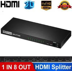 1080P&3D 1x8 HDMI Splitter, One in Eight Out Powered 8way HDMI Splitter Audio Video Distributor Amplifier with Charger, Support Full HD 1080P & 3D