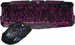 Gaming Keyboard and Mouse Combo, LED Backlit Keyboard, USB Wired Gaming Mouse, 3 Color Blue/Red/Purple LED Backlit Crack Keyboard and Mouse Set for Gamer Office