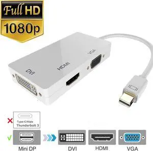 1080P Thunderbolt Mini dp to HDMI DVI VGA 3 in 1 Two 4K Adapter, Gold-Plated Connector Video Adapter, for MacBook Pro mac Book air Surface pro - (1080P, White)
