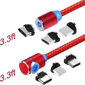 Magnetic Phone Charger Cable, Upgrade 3 in 1 Multi Cable Charging Nylon Braided Compatible with Samsung Galaxy S10 S9,XR XS Max,Android Micro ,Type C Cable and iProduct 2-pack, 3.3ft, Red
