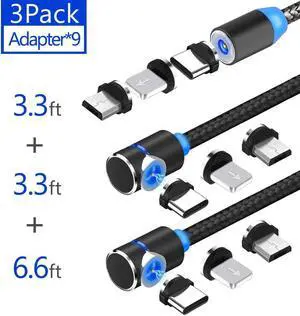 Magnetic Phone Charger Cable, Nylon Braided 3 in 1 Fast Charging & Data Sync LED Magnetic Cable for Android Micro Cable,Type C Cable and iProduct,(3-Pack,3ft/3ft/6ft) - (Black)