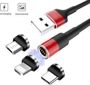 Nylon Braided 3 in 1 Max 3.0A Fast Charging & Data Sync Magnetic Cable Compatible with USB-C Phones, i-Product and Micro-USB Interface Phones & Tablets, (3.3 ft-Red)