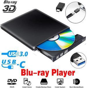 Aluminum External Blu-Ray Player Drive, USB 3.0 External DVD CD ROM Drive, USB-C External DVD Player, Portable DVD +/- RW Optical Drive for Laptop PC Computer MacBook OS Windows, Black