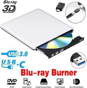 Aluminum External Blu-Ray Burner Drive, USB 3.0 External DVD CD ROM Drive, USB-C External DVD Player, Portable DVD +/- RW Optical Drive for Laptop PC Computer MacBook OS Windows, Silver