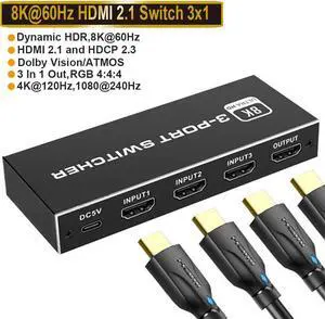 8K 60Hz 4K120Hz 48Gbps HDMI Switch 3 in 1 OutHDMI 2.1 HDCP2.33D HDR 10 Dolby Atmos Compatible with PS5, Computer Graphics Card, Player, etc. (4Port)