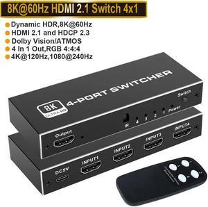 HDMI Switch 4K 120Hz, HDMI Splitter 4 in 1 Out, HDMI 2.1 Switch Support 8K@60Hz 48Gbps for Xbox Series PS5/4/3 HD TV Monitor Projector