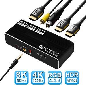 8K@60Hz HDMI Audio Extractor with 7.1CH Atmos, HDMI to HDMI + Optical Toslink SPDIF + 3.5mm Audio Jack + Coaxial + 7.1Ch Out Splitter Converter Adapter