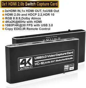 3X1 4K@60Hz HDMI Video Capture Card, 4K 60FPS HD Game Capture Device Cam Link with Mic&Audio Work with Xbox PS5 PS4 Switch DSLR for OBS Twitch Live Streaming and Recording