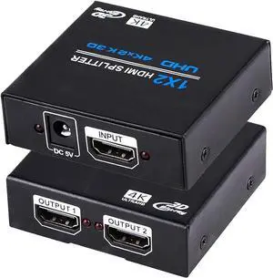 Hdmi Splitter 1x2, HDMI Splitter 1 in 2 Out, HDMI Splitter Supports Full HD1080P 4K and 3D, Compatible with Xbox PS3/4 Roku Blu-Ray Player HDTV (Included AC Adapter)