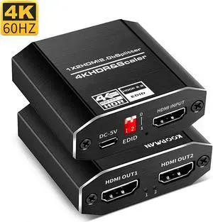 HDMI Splitter 1 in 2 Out with EDID mode- 4K Ver HDMI2.0 HDCP2.2, Powered HDMI Splitter Supports HDCP 2.2 3D 4K@60HZ Full HD1080P for Xbox PS4 PS3 Fire Stick Roku Blu-Ray Player TV