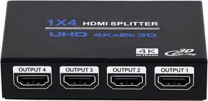 Hdmi Splitter 1x4, HDMI Splitter 1 in 4 Out, HDMI Splitter Supports Full HD1080P 4K and 3D, Compatible with Xbox PS3/4 Roku Blu-Ray Player HDTV (Included AC Adapter) (Black)