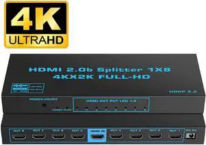1x8 HDMI Splitter, 1 in 8 Out HDMI Splitter Audio Video Distributor Box Support Full HD 3D & 4K x 2K Compatible for Projector, HDTV, STB, DVD, PS3 Etc