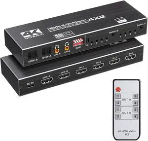 4x2 Matrix HDMI Switch 4K 60Hz, 4K@60Hz 4in 2out HDMI Matrix Switch with IR Remote Control, Support EDID, HDMI 2.0b, HDCP2.2, HDR10, Ultra HD, 3D , OZJ1-1