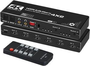 4K HDMI Matrix Switch 4 in 2 Out ,4X2 Video Switcher Splitter, 2xOptical SPDIF and 2x3.5mm L/R Audio Output with IR Remote Controller,Support 4K@60Hz 3D 18.5Gbps, HDMI 2.0b, HDCP 2.2,HDR10