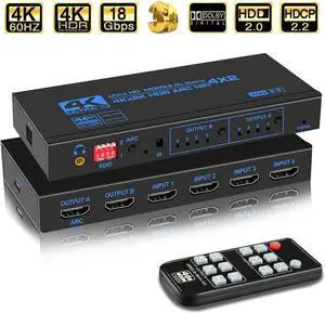 HDMI Matrix Switch 4x2 4K@60Hz RGB 8:8:8, YUV 4:4:4 HDR ARC/SPDIF 5.1CH, 3.5mm Stereo Audio, HDCP 2.2 18Gbps, Matrix Splitter 4 in 2 Out with EDID Extractor and Remote Control (OZJ2-1)